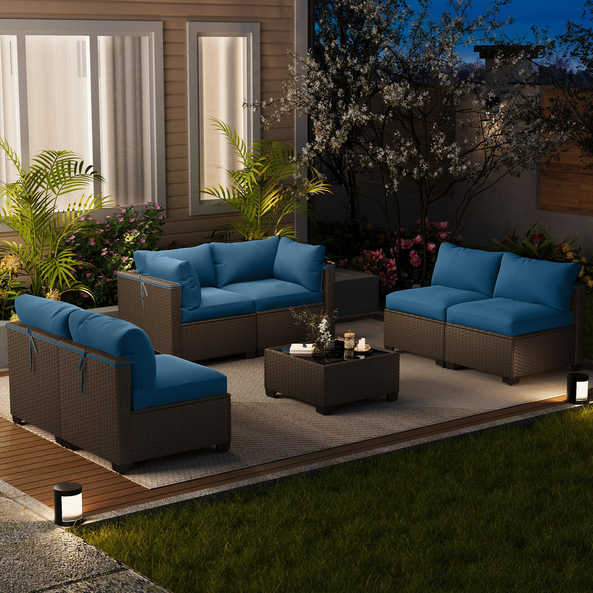 LOUVIXA 7 Piece Outdoor Patio Furniture Set, Outdoor Sectional Sofa, Wicker Rattan Patio Furniture, Patio Conversation Set with Coffee Table & Cushions