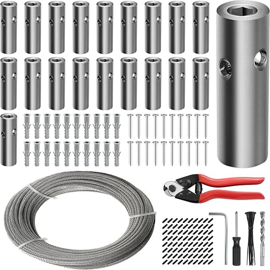 Wire Trellis for Climbing Plants Outdoor, 20-Set Wall Wire Trellis Kit with 1/8in x 98ft Stainless Steel Cable & Cutter, T316 Cylindrical Espalier System for Fence and Garden DIY Projects