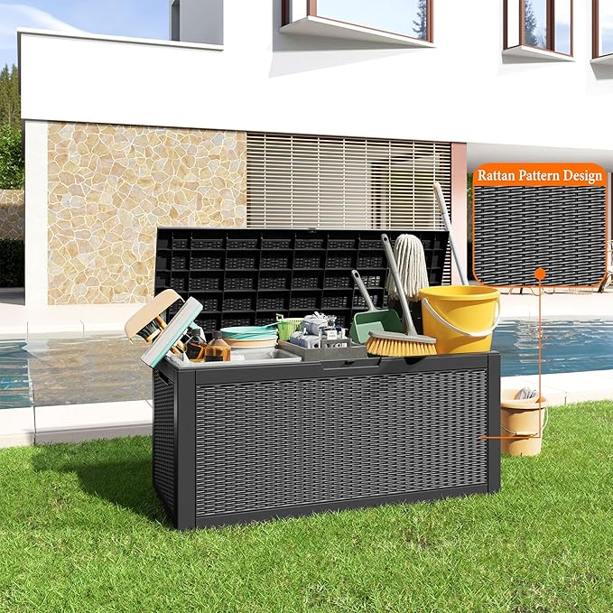 100 Gallon Resin Deck Box, Lockable Patio Outdoor Storage Box for Furniture, Garden Tools and Tools Storage, Waterproof Outside Storage Boxes - Black