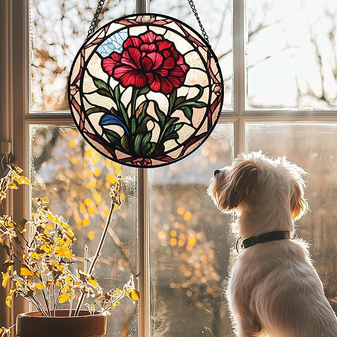 AMDERVEN Stained Glass Window Hanging - Red Carnation Birth Flower Sun Catcher for Door Garden Home Decor Suncatcher Christmas Mother's Day Birthday Gifts for Women Men Mom Nana Friend Wife 6.3 in