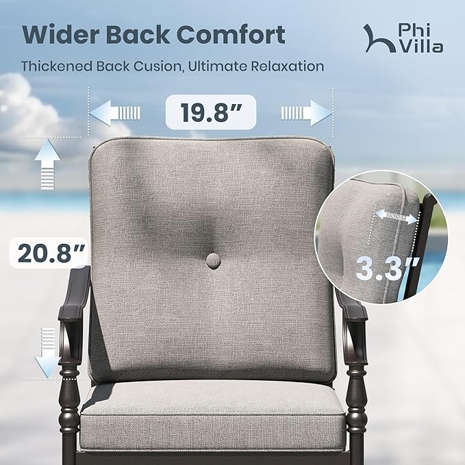 PHI VILLA Outdoor Steel Swivel Dining Chairs Set of 2, Heavy-Duty Rustproof Black Wrought Iron Armchairs with Thick Cushions, Large Seating Furniture for Patio, Deck, Backyard, Porch
