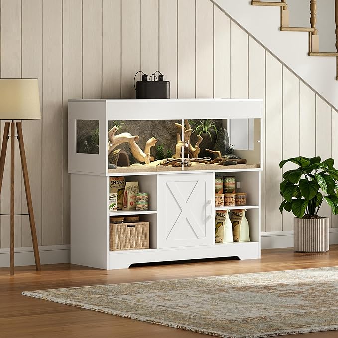 Herture 60 Gallon Reptile Tank with Stand, Terrarium Tank with Storage Cabinet, for Lizards, Skinks, Snakes, Sliding Acrylic Doors, Mesh Top, Built-in Power Outlet White PX02RTW