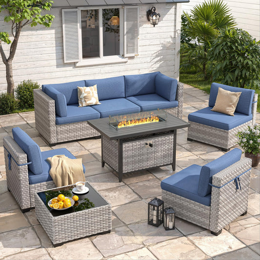 MAISON BACKYARDS 6-Seat Modern Outdoor Wicker Rattan Patio Furniture Set with 55,000 BTU Fire Pit Table, Thick 4″ Cushions, All-Weather Dual-Strand Rattan, Rust-Resistant Steel Frame,Navy