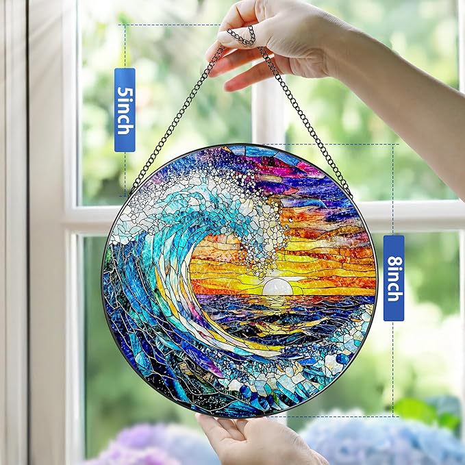 Stained Glass Window Hanging, Pauyadu 8 Inch Sea Waves Stained Glass Suncatcher, Sunset on The Beach Window Decor, Gift for Beach Lovers, Natural Gifts, Christmas, Mother's Day, Housewarming Gifts