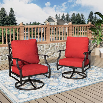 Swivel Patio Chairs Set of 2, High Back Outdoor Swivel Patio Metal Chairs with 5.75" Thick Cushions for Bistro Balcony Porch Deck and Yard, Red