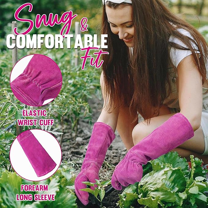HANDLANDY Ladies Thorn Proof Gardening Gloves, Long Gauntlet Heavy Duty Garden Gloves, Elbow Length Women Leather Rose Pruning Glove (Large, Rosy)