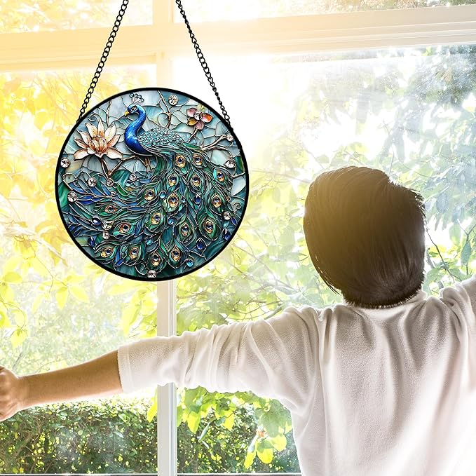 DASTOLL Stained Glass Window Hanging,Bonfire Beach Landscape Suncatcher Diamond Glass Panel Sun Catchers Decor for Birthday for Women, Men, Wife, Aunt, and Mom 6.3 in