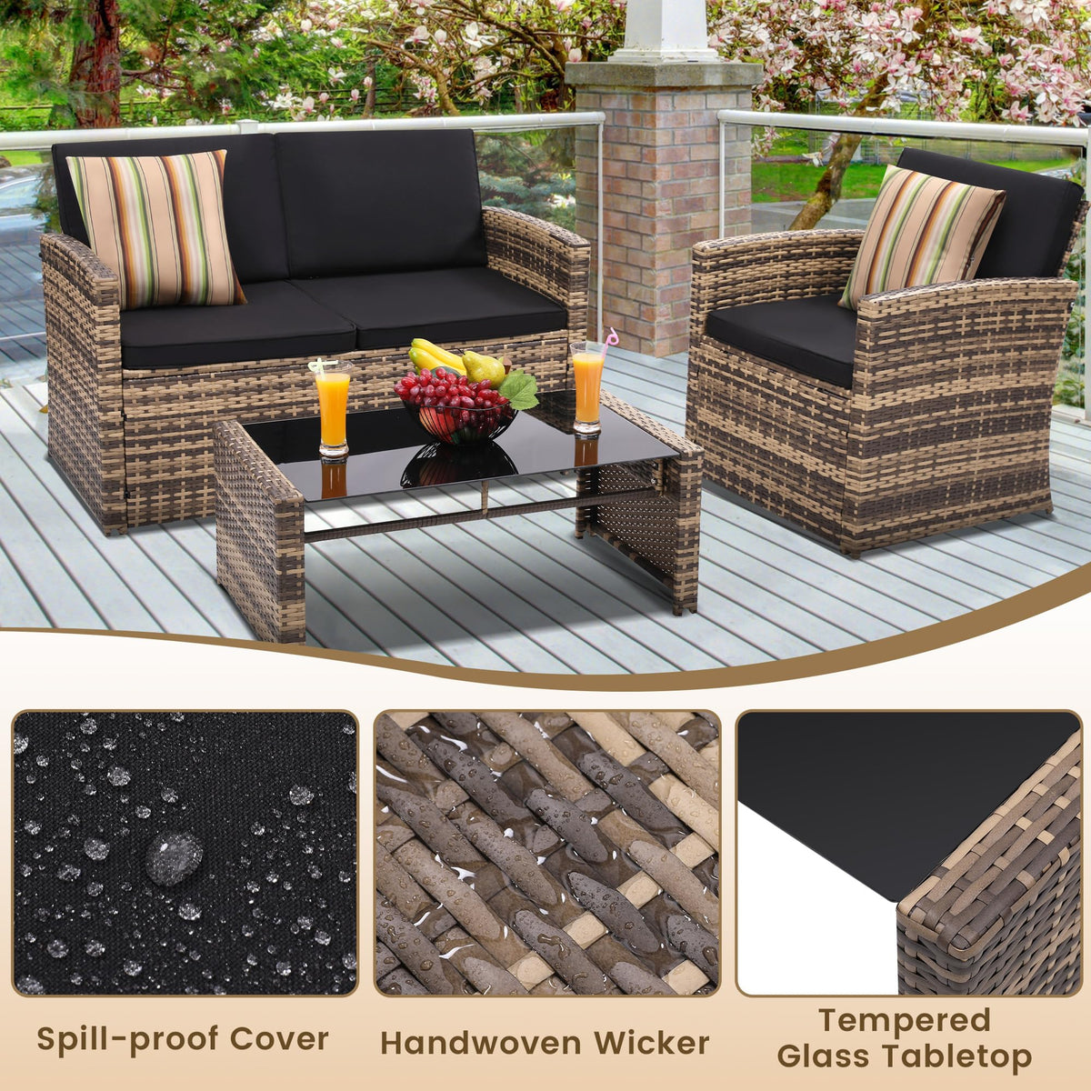 KROFEM 4 Piece Patio Furniture Set, Outdoor Wicker Conversation Set
