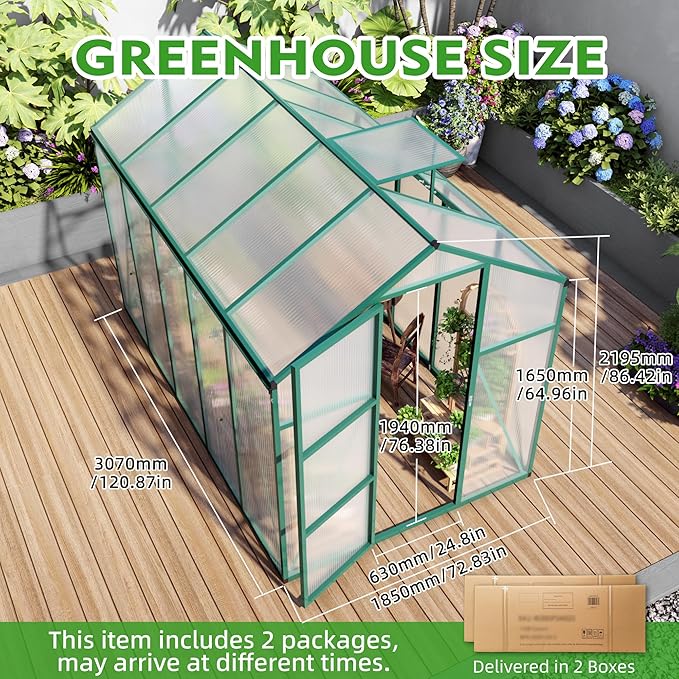 6x10 FT Greenhouse,Outdoor Greenhouse W/ Roof Vent,Walk-in Aluminum Polycarbonate Green Houses W/ Drainage System & Ground Nails,for Outside Garden,Backyard,Patio,Lawn,Green