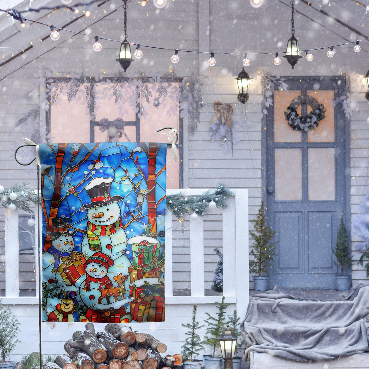 Stained Glass Snowman House Flags 28 x 40 Double Sided Merry Christmas Garden Flag Hello Winter Yard Flag Happy Holidays Flag for Outside Welcome New Year Outdoor Flag Large
