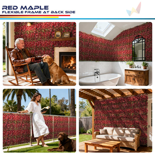 Windscreen4less 10 PCS 20"x20" Artificial Boxwood Panels Faux Plant Grass Green Wall Panel Decoration for Outdoor Indoor Garden Backyard (Red Maple)