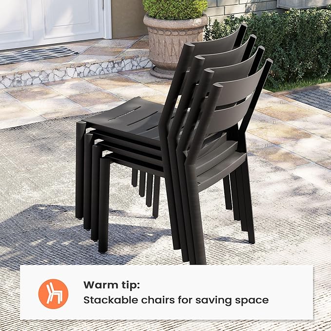 Pellebant Aluminum Patio Dining Chairs Set of 4, Stackable Black Outdoor Dining Chair with Armless, All Weather for Patio, Lawn, Garden