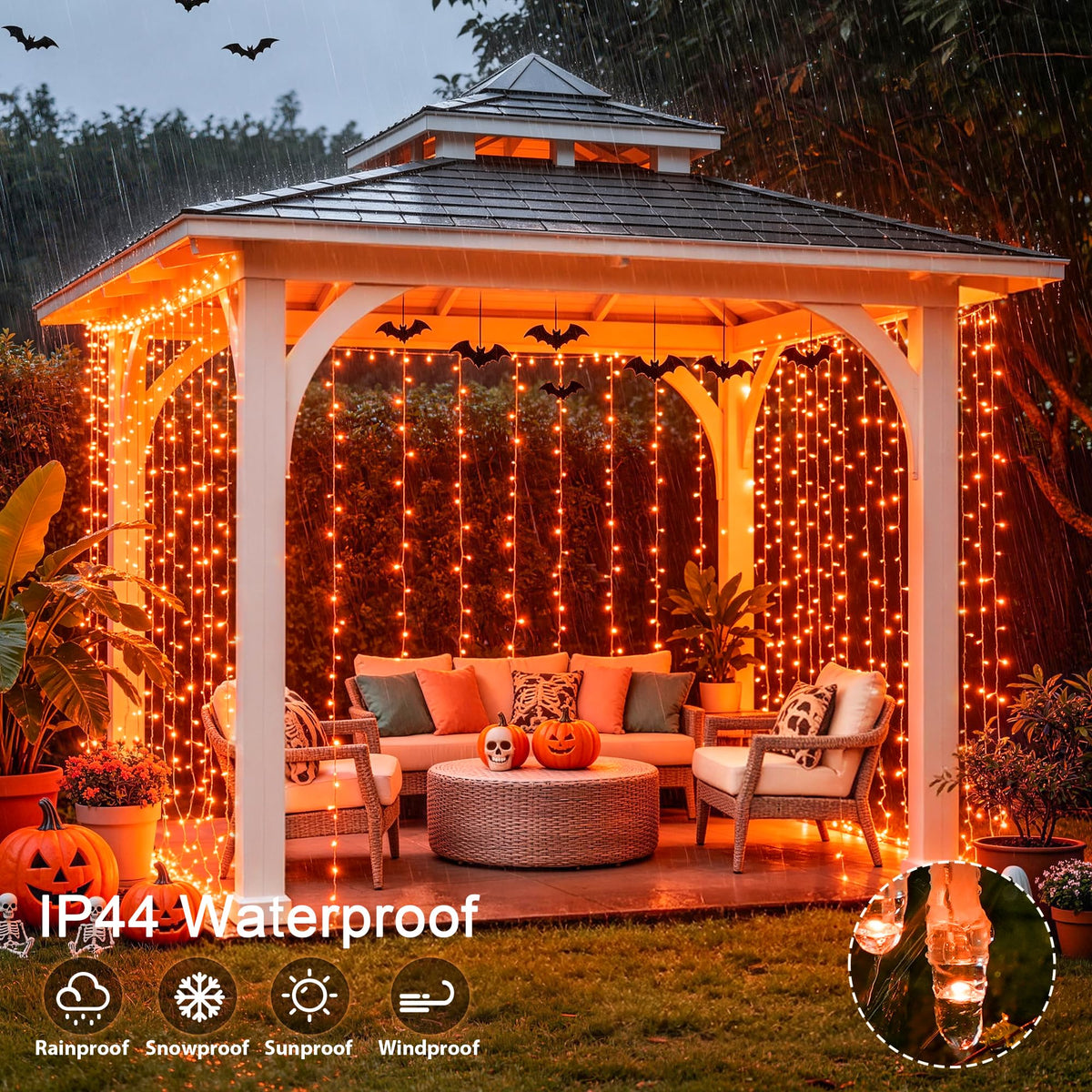 JMEXSUSS Orange Curtain Lights for Halloween, USB Plug in, 200 LED