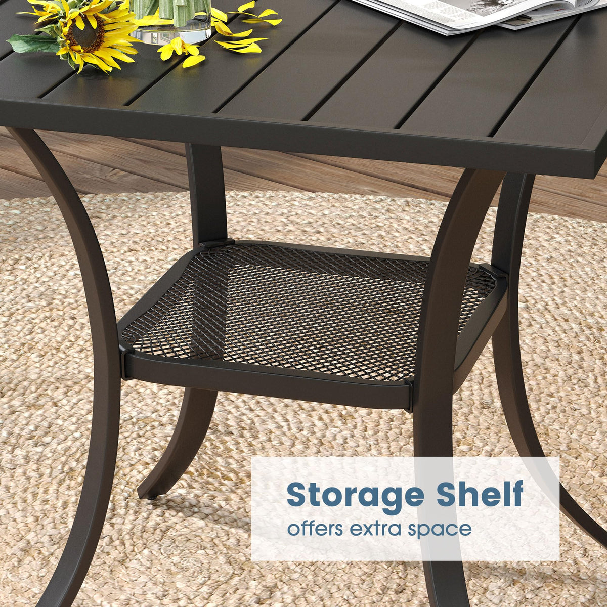 DIFY 3-Piece Outdoor Patio Bistro Dining Set, Walnut Small Square Dining Table & 2 Brown Stackable Metal Chairs with Breathable Fabric, Outdoor Furniture Set for Balcony, Porch, and Deck