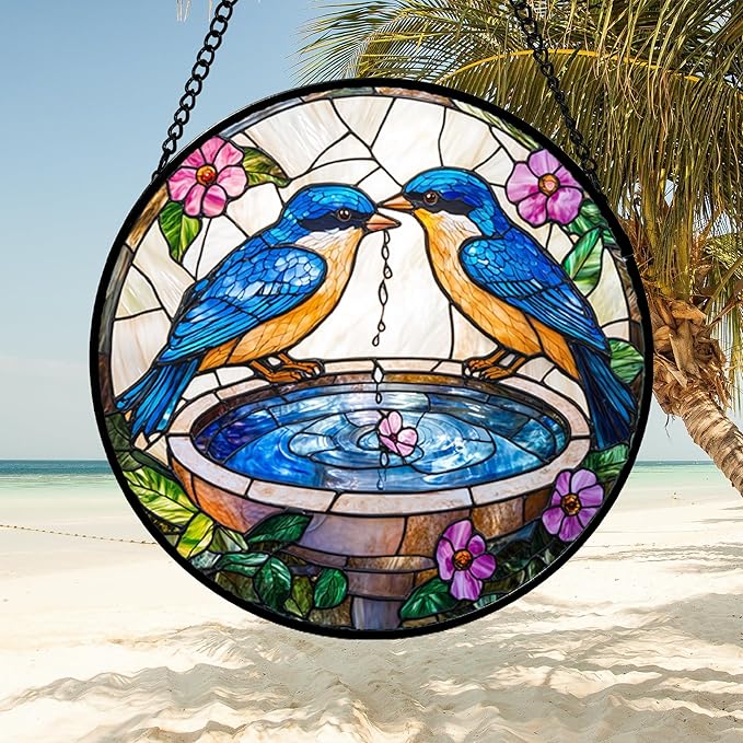 Stained Glass Window Hanging, 2 Blue Birds Suncatcher Diamond Glass Panel Hangings Bird Lover Sun Catchers Decor for Birthday for Women, Men, Wife, Aunt, and Mom 14.9 in