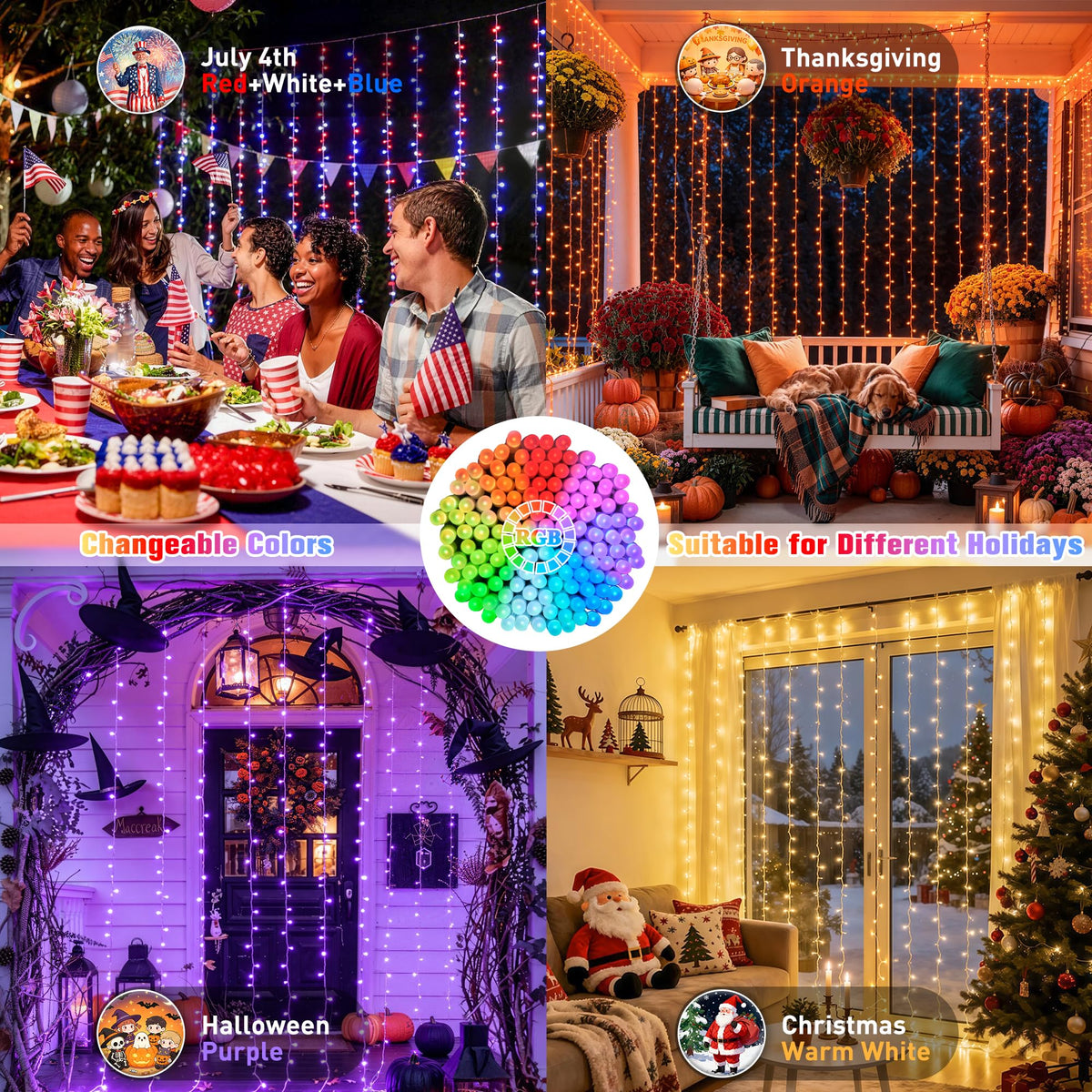 JMEXSUSS RGB Curtain Lights, 300 LED 9.8×9.8FT Color Changing String Lights