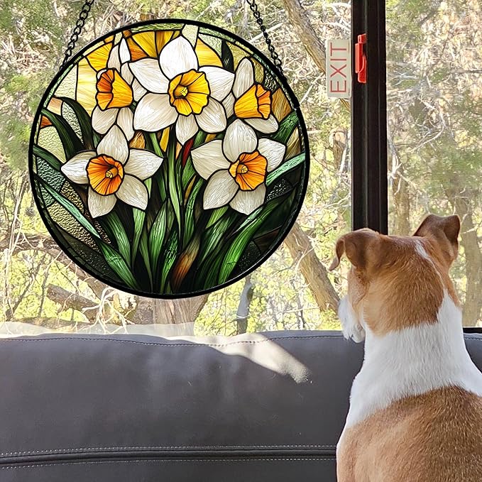 AMDERVEN Stained Glass Window Hanging, Yellow and White Daffodils Sun Catcher for Door Home Decor Plants Flowers Suncatcher Christmas Mother's Day Birthday Gifts for Women Men Mom Nana 7.8 in
