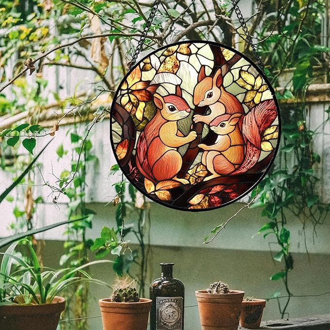 Stained Glass Window Hanging - 3 Cute Squirrels Suncatcher for Doors Garden Patio Sun Catchers Decor Christmas Mother's Day Teenager Birthday Gifts for Women Men Mom Nana Friend 11.8 in