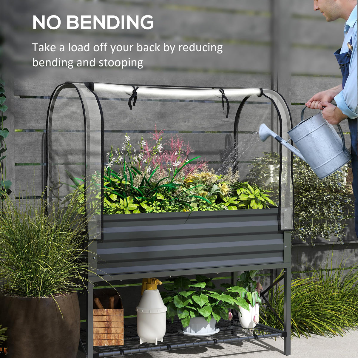 Outsunny Raised Garden Bed with Cover and Storage Shelf, Dark Gray