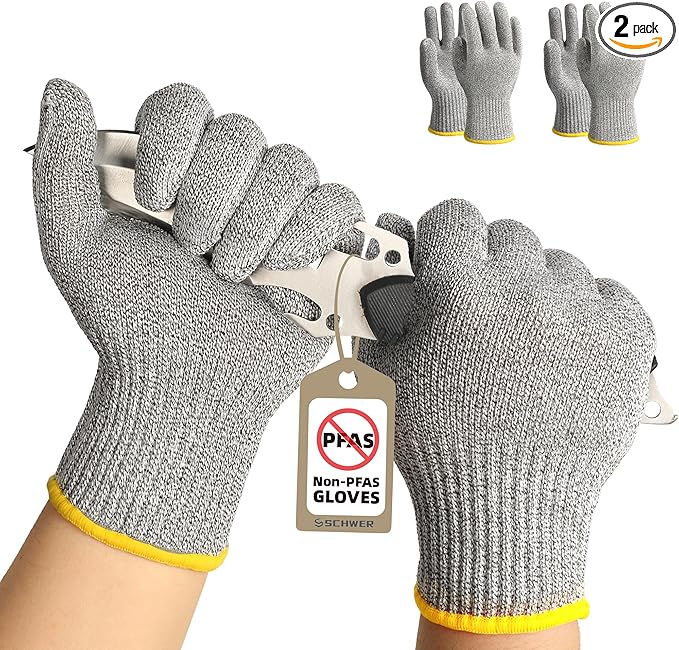 Schwer 2 Pairs High Level ANSI A7 Cut Resistant Gloves, Food Grade Cutting Gloves for Chef, Mandoline Glove for Kitchen Meat Cutting, Wood Caving, Ambidextrous, Breathable & Cool, PR1508, L