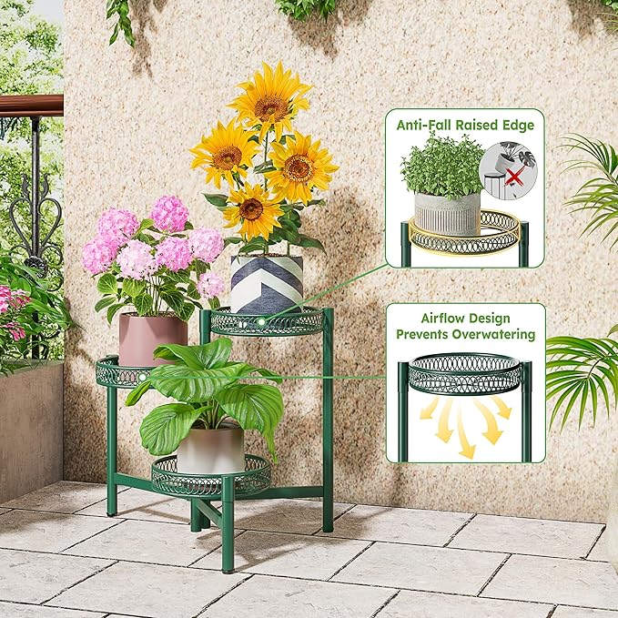 NQW Plant Stand Indoor Outdoor, 3 Tier Corner Metal Flower Display Holder Shelf, Folding Tall Plant Rack for House Patio Balcony Porch Garden Living Room, Heavy Duty Anti-Rust Wrought Iron - GreenFlower