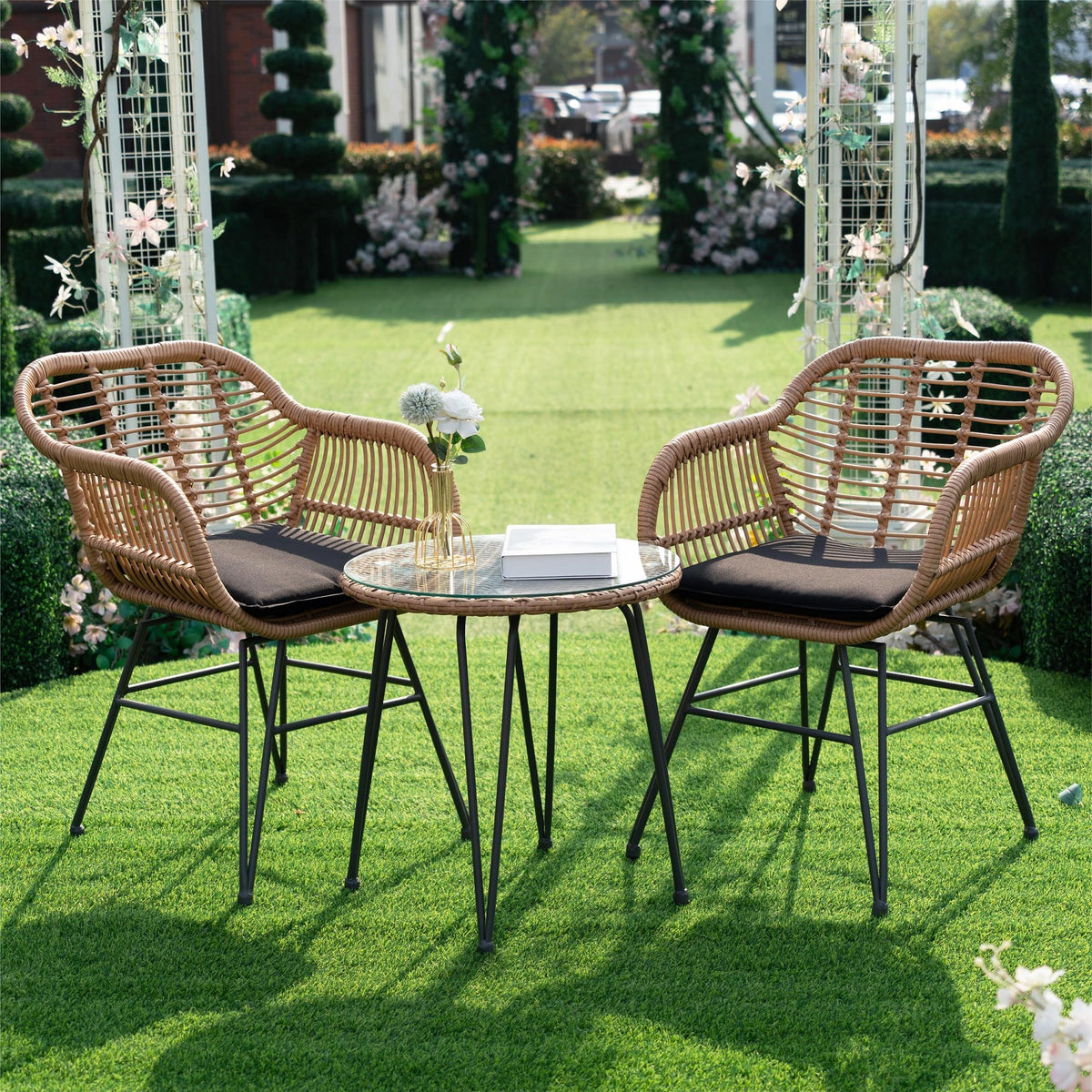 HOMEZILLIONS 3 Piece Outdoor Wicker Furniture Bistro Set, Rattan Chairs Conversation Sets Wicker Patio Furniture for Balcony Poolside Backyard, Black