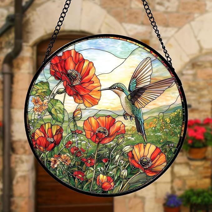 DASTOLL Stained Glass Window Hanging, Hummingbirds Orange Flowers Suncatcher Diamond Glass Panel Hangings Sun Catchers Decor for Birthday for Women, Men, Wife, Aunt, and Mom 7.8 in