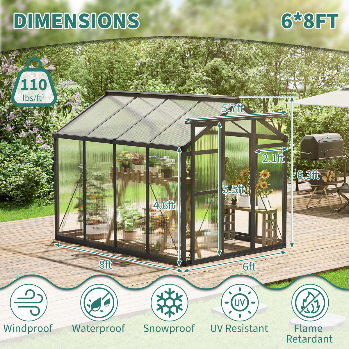 Garvee 6x8ft Walk-in Greenhouse, Heavy Duty Large Outdoor Green House