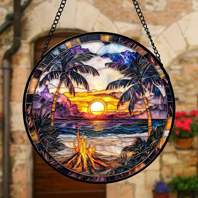 DASTOLL Stained Glass Window Hanging,Bonfire Beach Landscape Suncatcher Diamond Glass Panel Sun Catchers Decor for Birthday for Women, Men, Wife, Aunt, and Mom 6.3 in
