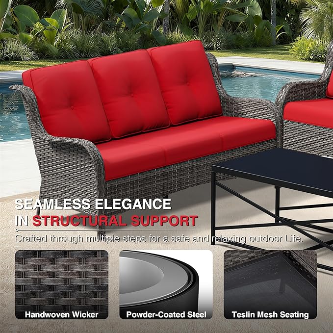 Joyside 7 Piece Wicker Patio Furniture Set, Rattan Patio Chairs with High Back, Deep Seating, Wide Armrest, Thickened Cushions, Outdoor Furniture for Deck, Porch Use