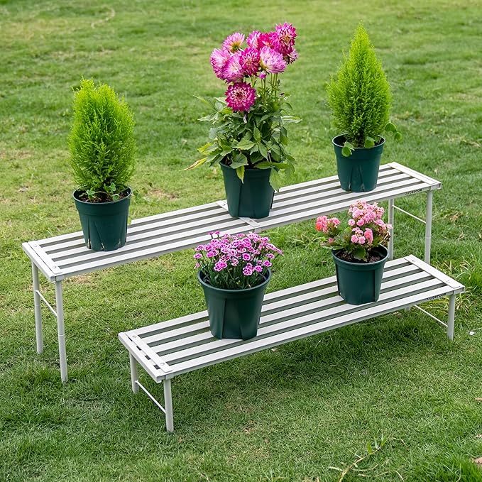 MultirackX Metal Plant Stand, Rust-proof Aluminum Flower Pot Stand, Heavy Duty Planter Display Shelving for Patio Balcony Garden Living Room Decorative (White, 23.6 Inch)