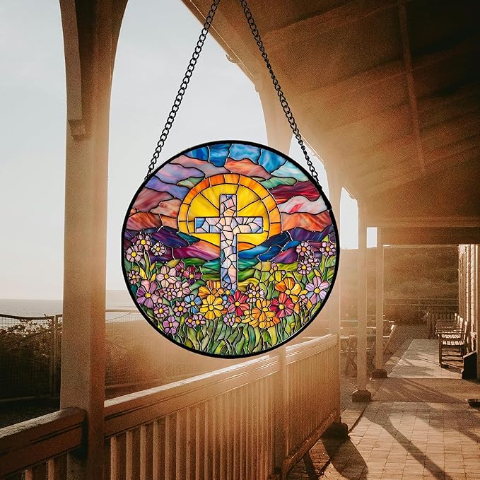 JOSUMALY Stained Glass Window Hanging - Cross Flower Sea Sun Catcher for Door Terrace Garden Home Decor, Mountains Landscape Suncatcher Birthday Gifts for Lovers Women Men Dad Mom Nana 6.3 in