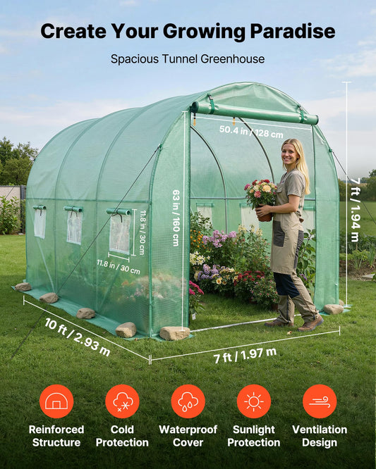 VEVOR Walk-in Tunnel Greenhouse, 10 x 7 x 7 ft Hoop House Greenhouse Tunnel with Watering System, Plant Hot House with Steel Frame, PE Cover, Roll-Up Zipper Door and 6 Windows for Outdoors, Green
