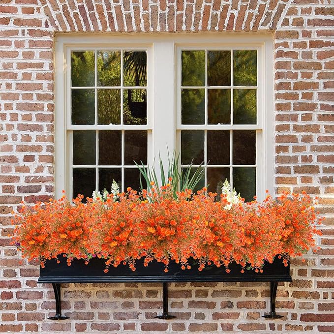 Uieke 24PCS Artificial Fall Flowers for Outdoors UV Resistant Faux Autumn Plants Bushes No Fade Plastic Plants for Outside Garden Porch Window Box Fall Décor Orange