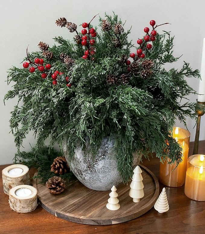 Faux Cedar Stems Artificial Norfolk Pine Branches for Christmas Decorations, 17 PCS Faux Pine Stems with Pinecones Red Berries Branches Realistic Faux Greenery for Vases DIY Garland Xmas Table Indoor
