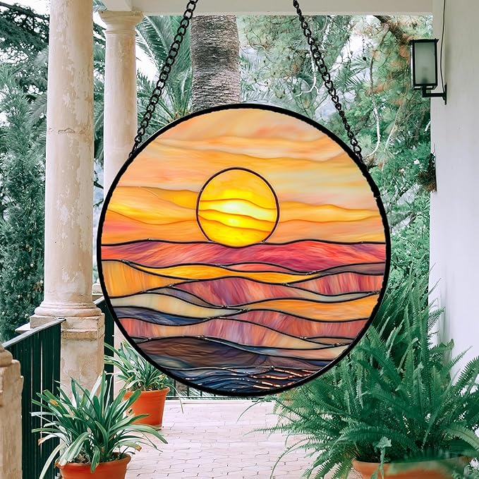 HWRHTR Stained Glass Window Hanging, Orange Sunrise Suncatcher Diamond Glass Panel Hangings Scenery Sun Catchers Decor for Birthday for Women, Men, Wife, Aunt, and Mom 14.9 in