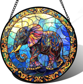 Stained Glass Window Hanging - Blue Elephant Suncatcher for Door Terrace Garden Home Decor, Yellow Retro Sun Catcher Birthday Gifts for Lovers Women Men Dad Mom Nana 15 in