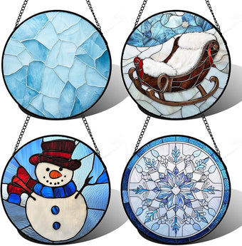 AMDERVEN Stained Glass Window Hanging 4 Pcs Set Blue White Christmas Snowman Snowflake Large 15" - Suncatcher Door Garden Sun Catcher Decor Birthday Mother's Day Xmas Gifts for Mom Woman Nana Men