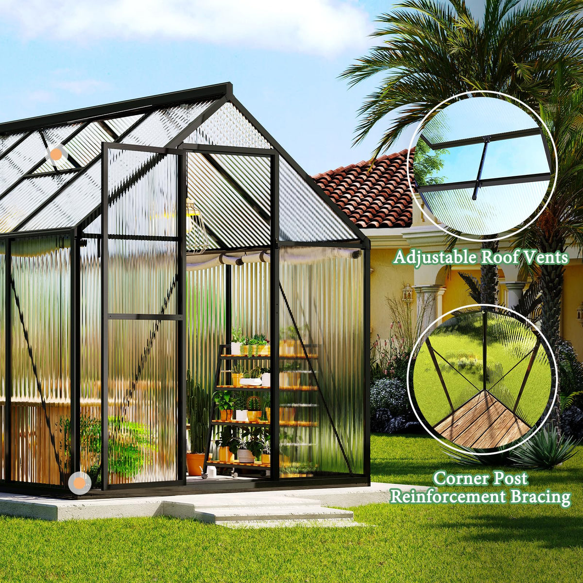 AMERLIFE 6x12 FT Walk-in Polycarbonate Greenhouse with 2 Top Windows
