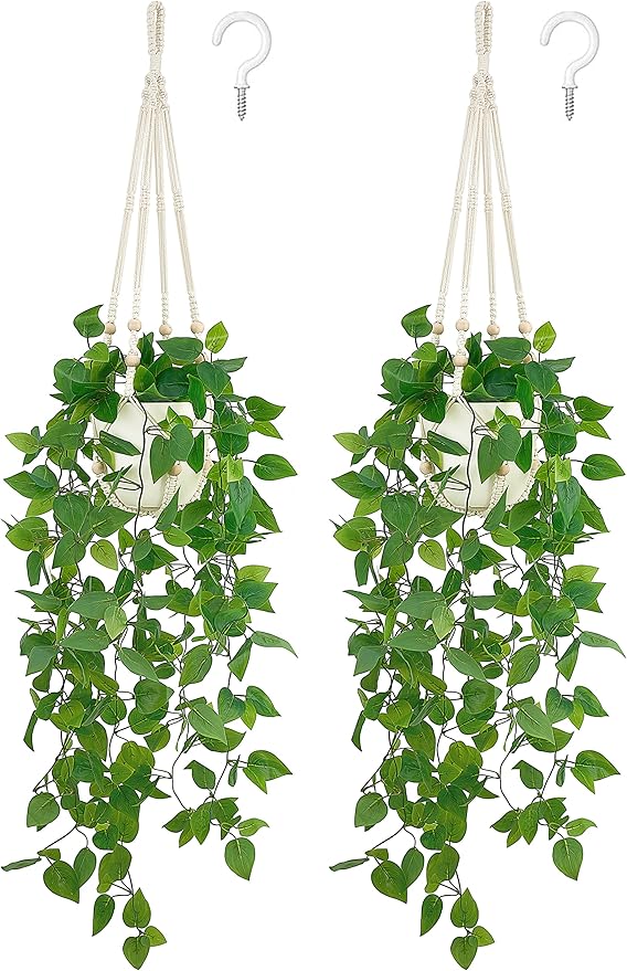 Mkono 2 Packs Fake Hanging Plant with Pot, Artificial Plants Macrame Plant Hanger Fake Vine Greenery for Bedroom Bathroom Home Office Decor