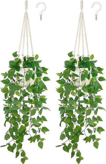 Mkono 2 Packs Fake Hanging Plant with Pot, Artificial Plants Macrame Plant Hanger Fake Vine Greenery for Bedroom Bathroom Home Office Decor