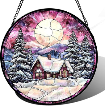 AMDERVEN Stained Glass Window Hanging - Winter Snow Scene Cabin Moon Sun Catcher for Door Garden Home Decor Pine Tree Suncatcher Christmas Mother's Day Birthday Gifts for Women Men Mom Nana 15 in