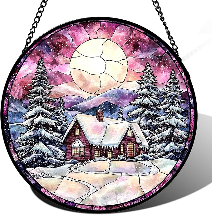 AMDERVEN Stained Glass Window Hanging - Winter Snow Scene Cabin Moon Sun Catcher for Door Garden Home Decor Pine Tree Suncatcher Christmas Mother's Day Birthday Gifts for Women Men Mom Nana 7.8 in