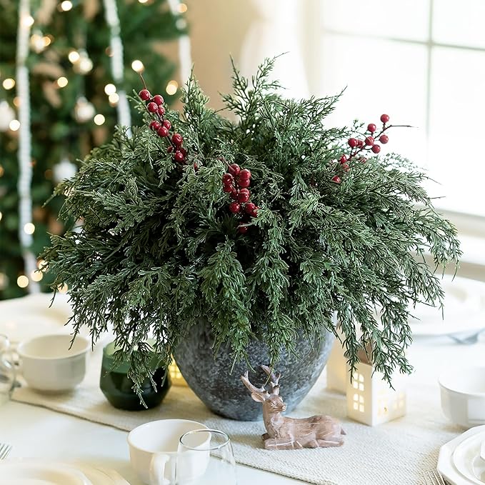 Cedar Stems Artificial Norfolk Pine Branches for Christmas Decor, 12 PCS Fake Pine Stems with 3 PCS Red Berries Branches Realistic Fake Plants Faux Greenery for Vases DIY Garland Xmas Table Indoor