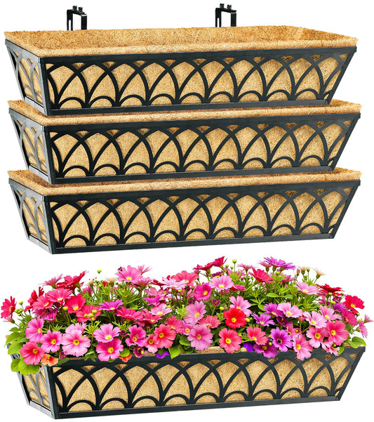 30 Inch Railing Planter Box Window Boxes Planters - 4 Pack Deck Railing Planter Boxes with Adjustable Brackets Coco Liners Balcony Planters Railing Hanging for Window Flower Boxes Outdoor Garden Decor