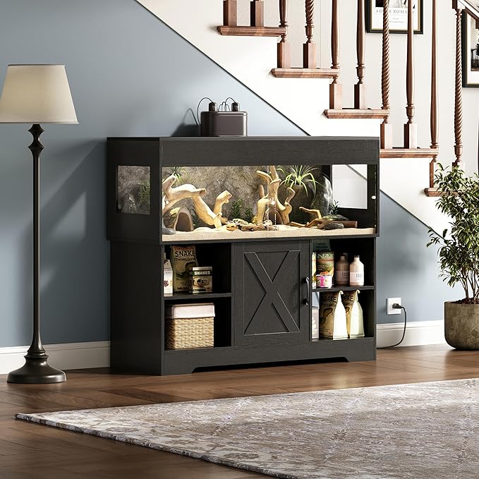 Herture 60 Gallon Reptile Tank with Stand, Terrarium Tank with Storage Cabinet, for Lizards, Skinks, Snakes, Sliding Acrylic Doors, Mesh Top, Built-in Power Outlet Black PX02RTB