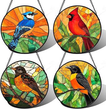 DASTOLL Stained Glass Window Hanging 4 Pcs Set Birds 9.8" - Cardinal Blue Jay Suncatcher Door Garden Sun Catcher Decor Birthday Christmas for Bird Lovers Mom Woman Nana Men