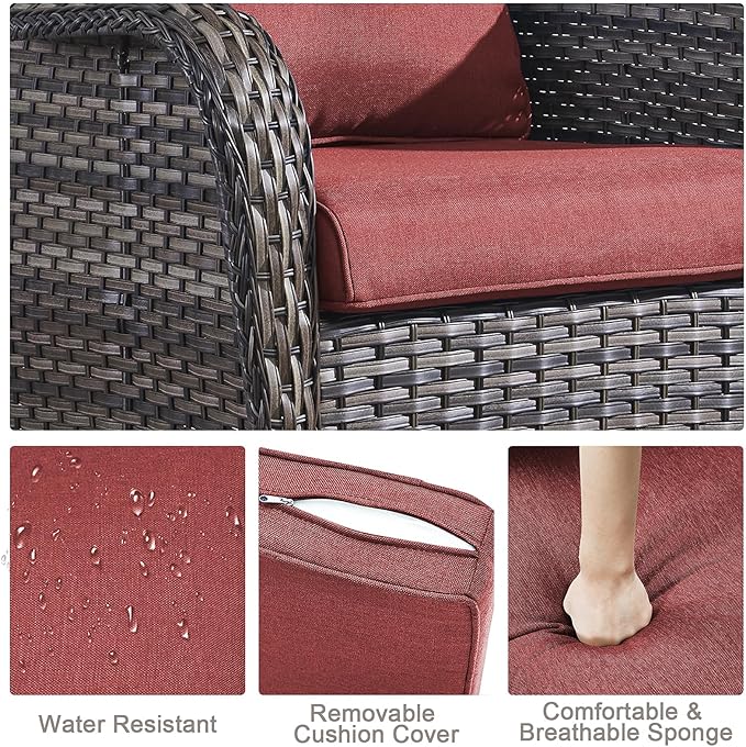HUMMUH 3 Pieces Patio Bistro Set Wicker Patio Chairs Set of 2 with Tempered Glass Top Side Table Rattan Outdoor Furniture Conversation Set for Yard,Garden,Porch (Grey/Red)