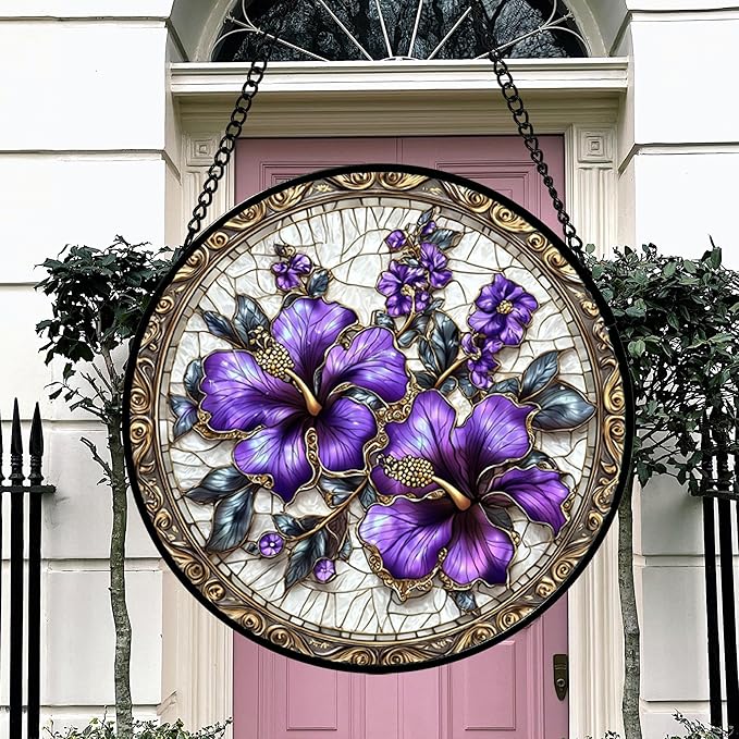 Stained Glass Window Hanging, Purple Flowers Romantic Suncatcher for Doors Home Sun Catchers Decoration and Christmas, Mother's Day Birthday Gifts for Women, Men, and Mom 14.9x14.9 in