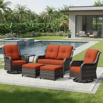 Joyside 6 Piece Wicker Patio Furniture Set, Outdoor Swivel Rocker Patio Chairs with High Back, Deep Seating, Wide Armrest, Thickened Cushions, Outdoor Furniture for Deck, Porch Use